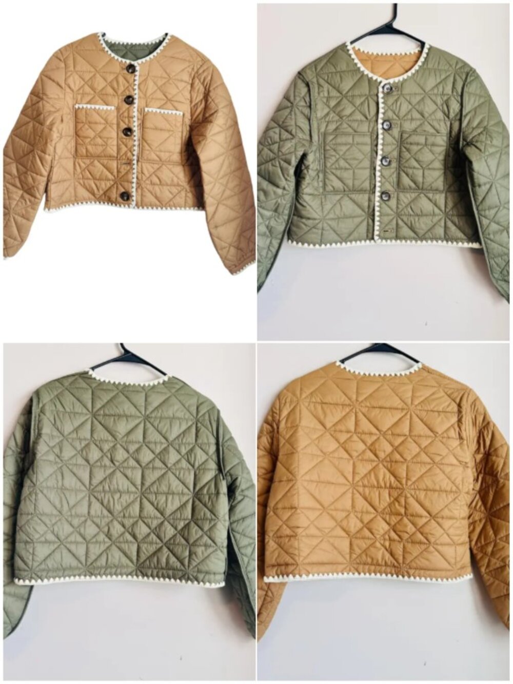 JOIE Whipstitch Quilted Buttoned Reversible Jacket Tan/Green